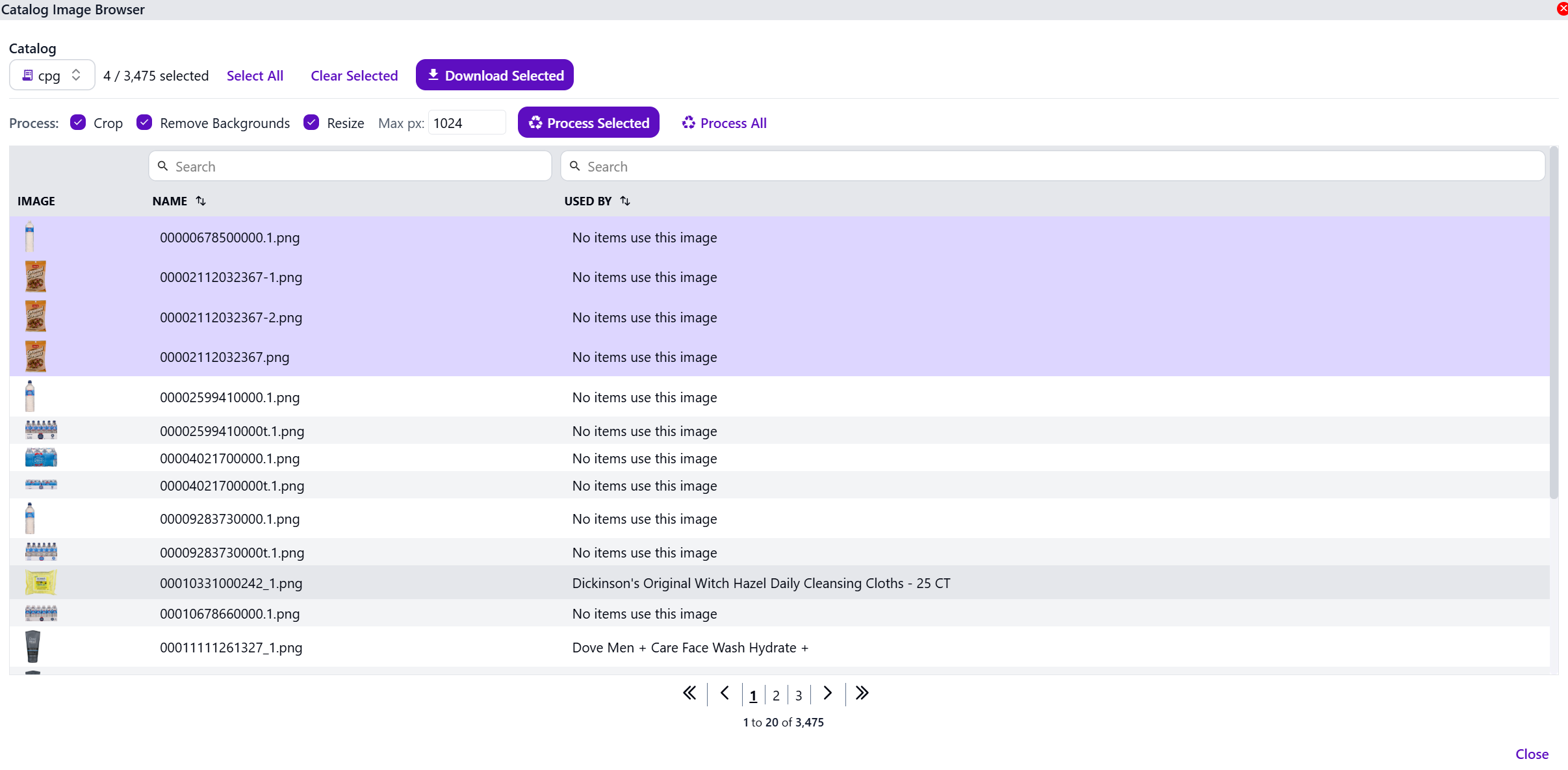 The Catalog Image Browser with processing options.