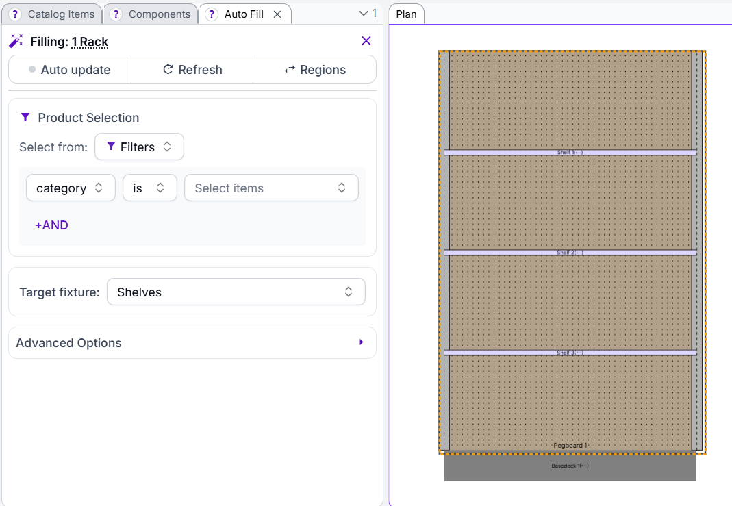 Auto Fill panel, bound to a single Rack with three shelves