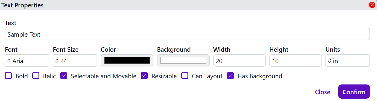 Textblock properties dialog