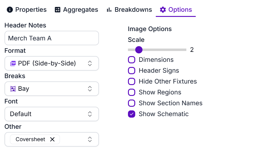 The Options tab, holding the default report and image options for a set