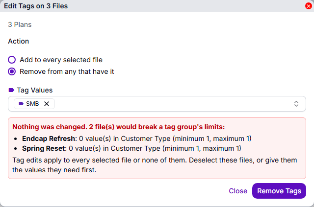 A bulk edit that would break a Tag Group's minimum is refused, and names the files