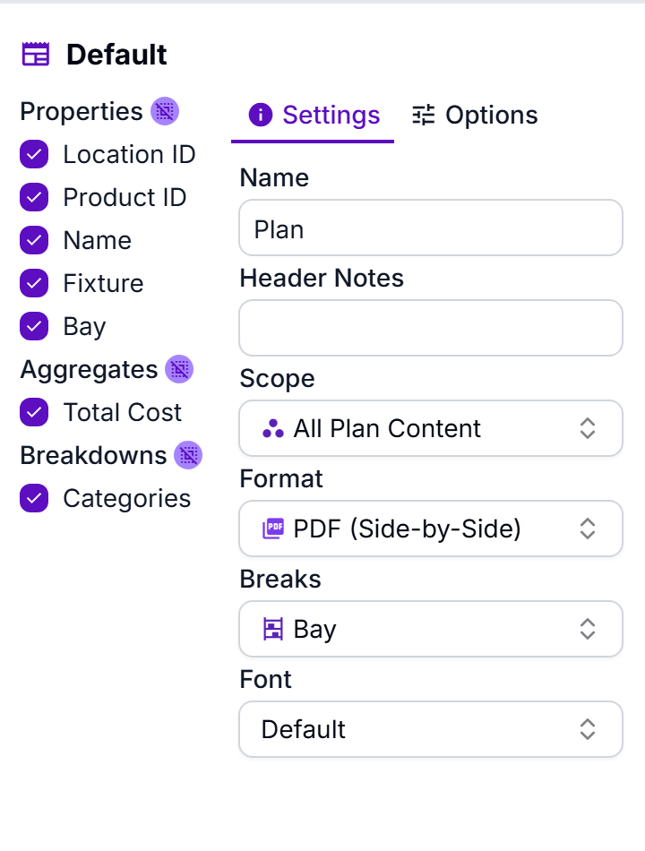 The data checkboxes and the Settings tab, with a PDF format selected. Header Color and Accent Color appear here instead of Font and Header Notes when the format is XLSX.