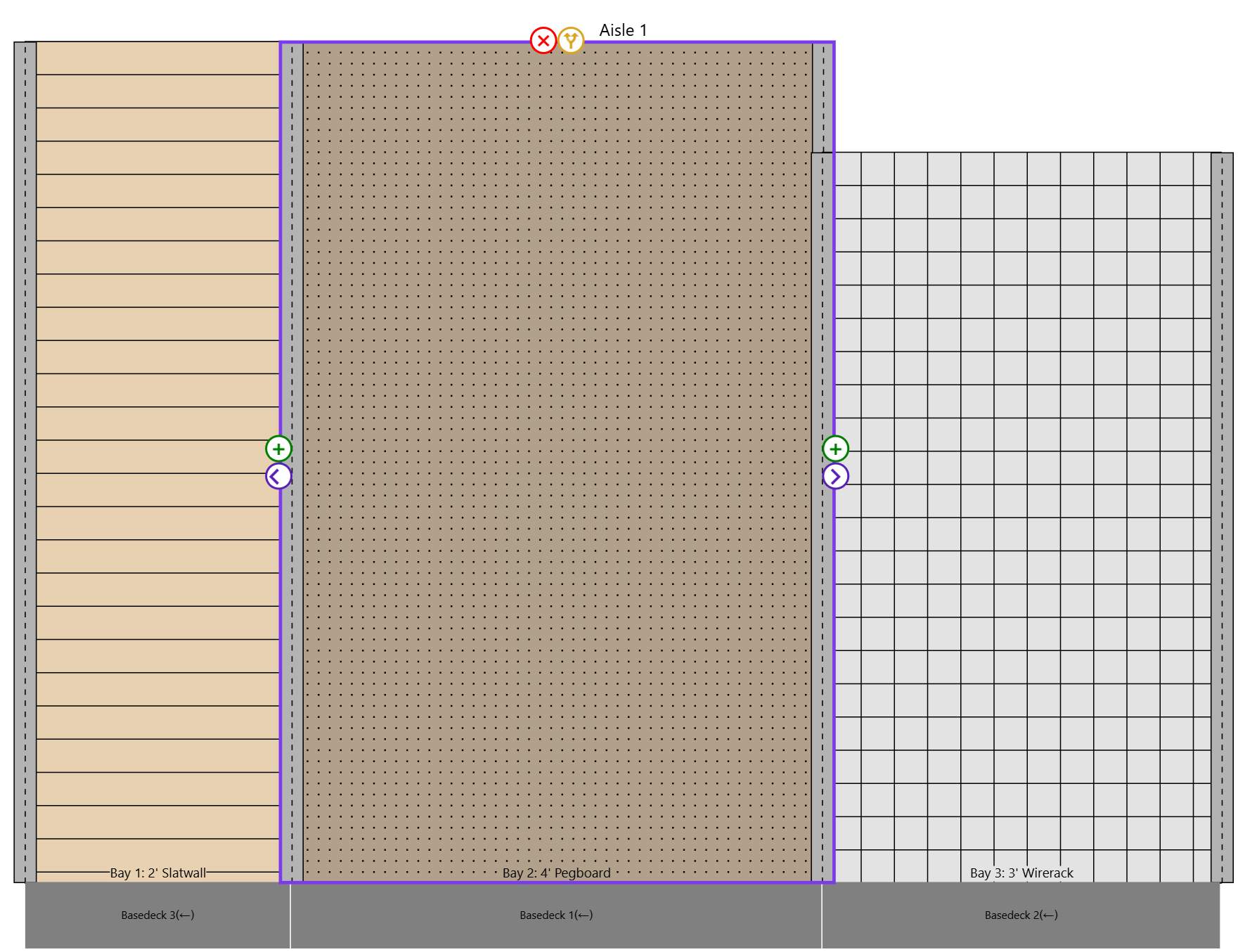 An aisle with 3 bays with completely different properties